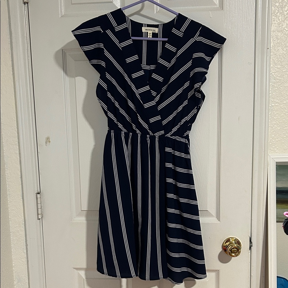 Monteau Navy and White Striped Midi Dress